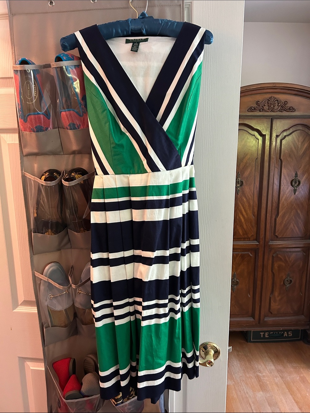 Lauren Ralph Lauren Navy, Green & White Striped V‑Neck Midi Dress